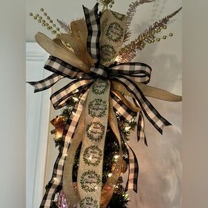 XL Large Bow Tree Topper Holiday Christmas Farmhouse Plaid Beige Black Gold